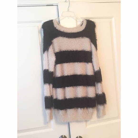 Black & white striped fuzzy soft sweater