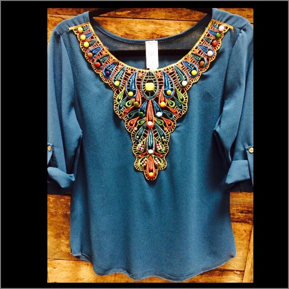 Fabulous teal/blue sheer beaded shirt