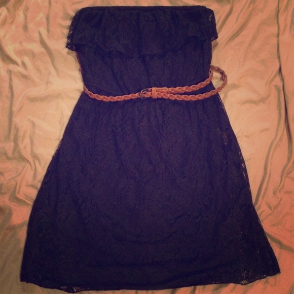 Navy blue lace dress with brown braided belt