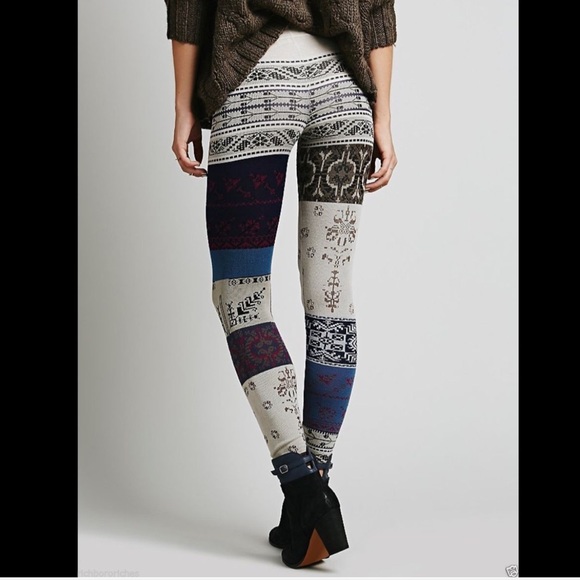 Free People tan  multi Patchwork Sweater Legging M - Picture 2 of 4