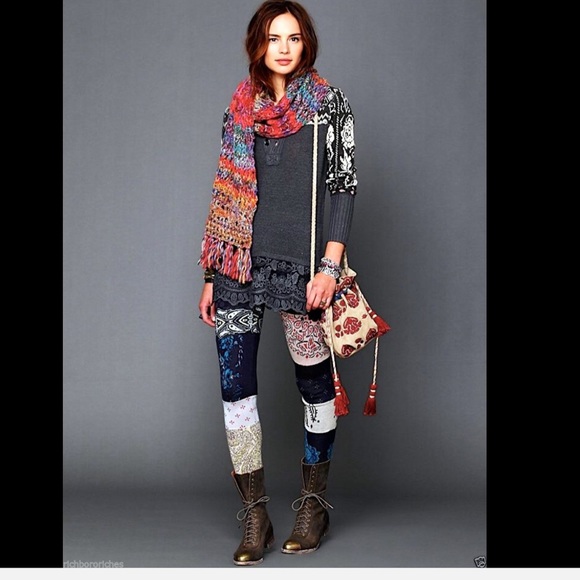 Free People tan  multi Patchwork Sweater Legging M - Picture 3 of 4