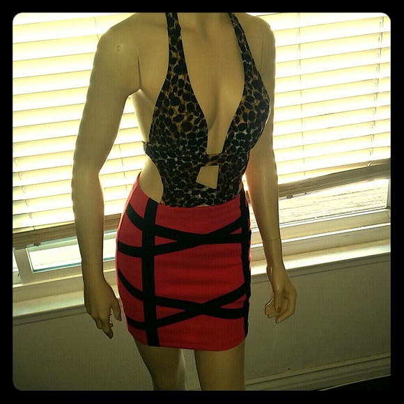 Leopard bathing suit top and pink/black skirt