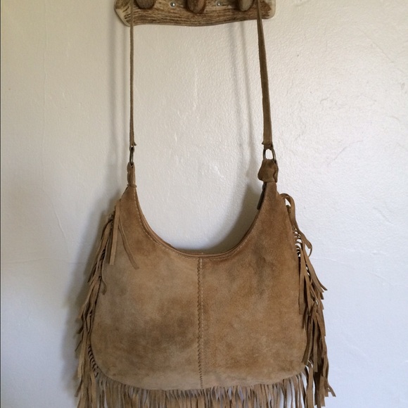Tan suede fridge shoulder bag from France.