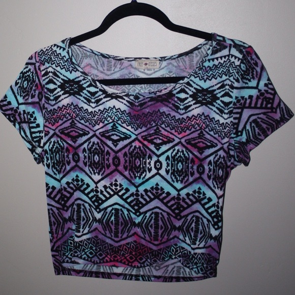 Blue and purple printed tie-dyed crop top.