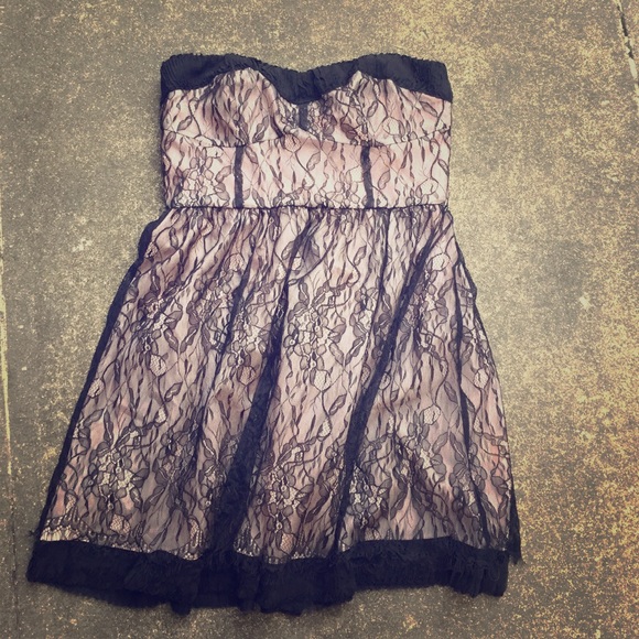 Pink with black lace strapless dress