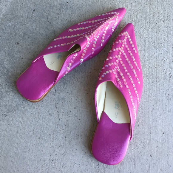 Pointy Pink Sequined Turkish Leather Slippers