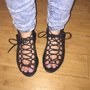 Black lace wedge sandals