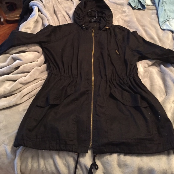 Black long hooded jacket with gold detail