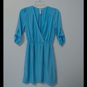 Light blue Pink Owl 3/4 sleeved "wrap" dress