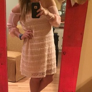 blush, knee length, off the shoulder dress