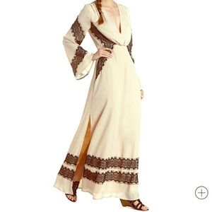 Lace & Chiffon Long Sleeve Maxi Dress Black Tan