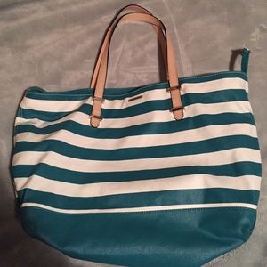 Teal and white striped Rebecca Minkoff bag.
