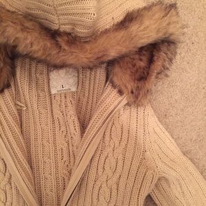 Faux fur hooded cable knit jacket