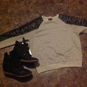 Black leather (man made) wedge sneaker