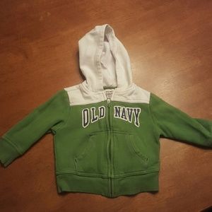 Green and white hooded old navy sweatshirt.