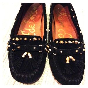Sam Edelman black and gold studded moccasins