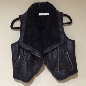 Faux Leather Vest with Sheepskin Collar