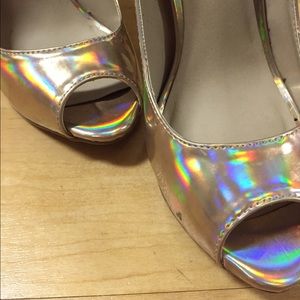 Holographic open toe pumps
