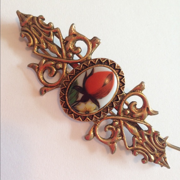 Gorgeous Vintage Hair Pin Red Tulip Ceramic Stone