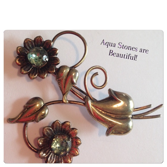 Antique Aqua Rhinestone Flower Bouquet Brooch 1920