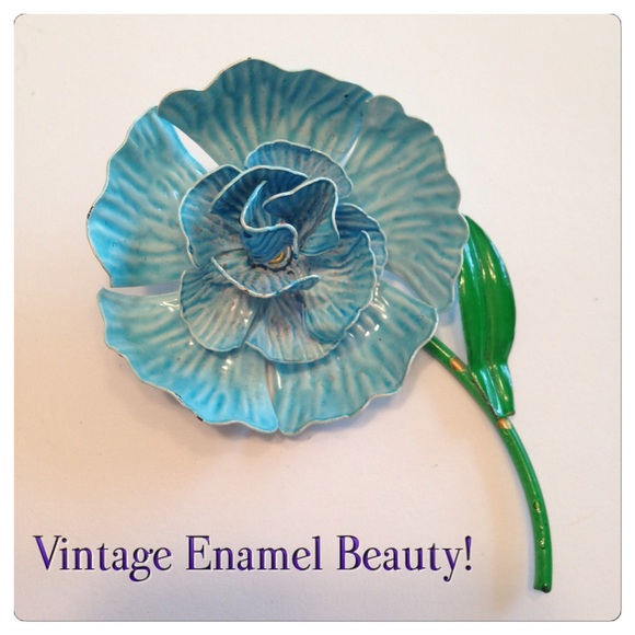 Retro Enamel Vibrant Blue and Green Flower Brooch