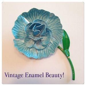 Retro Enamel Vibrant Blue and Green Flower Brooch