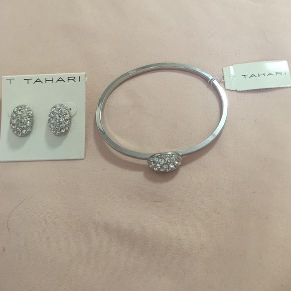 NEW T Tahari earrings & bangle set silvertone