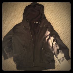 A brown silky quarter sleeved hoody zip up jacket