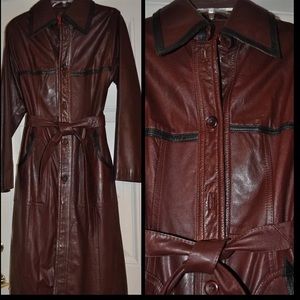 Long brown leather Coat with Black Trim