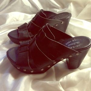 Kork-Ease chunky heel black leather shoes.