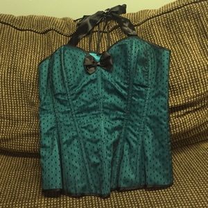 Gorgeous Rockabilly Corset Teal Black Polka Dots