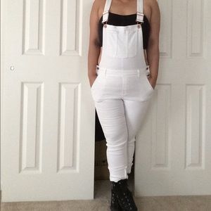 White Overalls+knit cardigan!!!