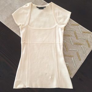 BCBG beige, scoop neck, short sleeve shirt