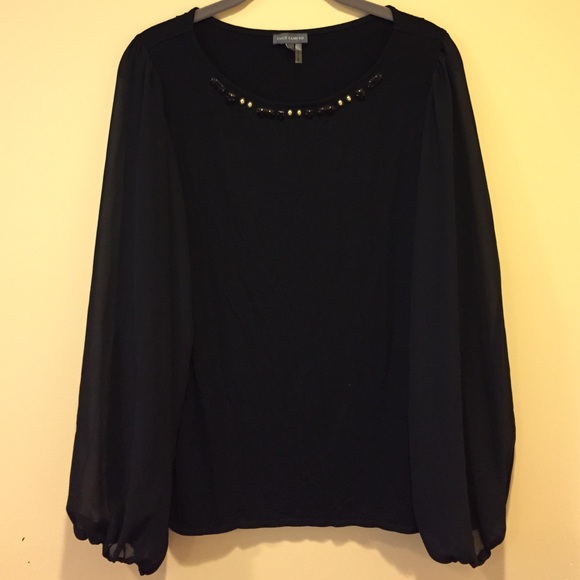 Long Sheer-Sleeve Jeweled Neck Blouse