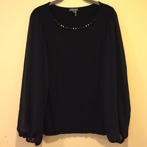 Long Sheer-Sleeve Jeweled Neck Blouse