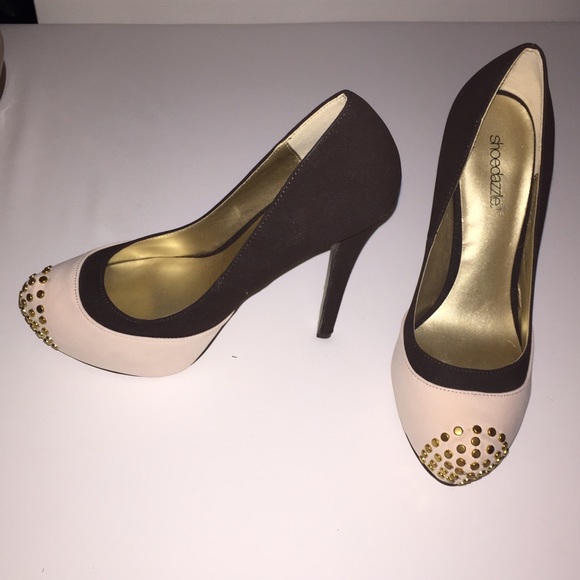 Platform nude and brown pumps with gold studs - Picture 1 of 2