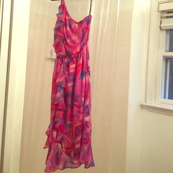 X small, long, BeBe dress one sleeve multicolored.