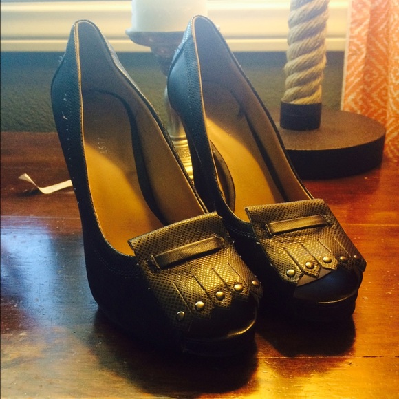 Navy peep toe, tasseled, work shoes