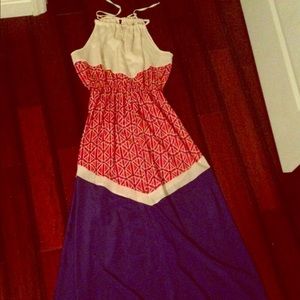Ya red, white & blue maxi with tie neck