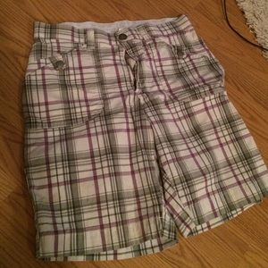 Green and purple plaid shorts