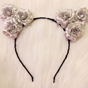 Silver flower cat ears headband floral crown