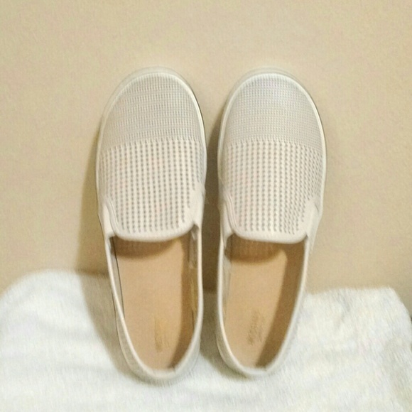 Creme and white canvas leather slip ons