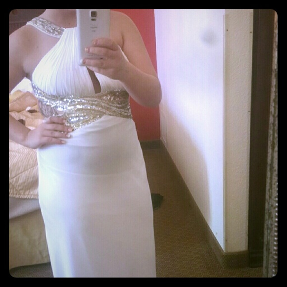 White silver and gold prom dress
