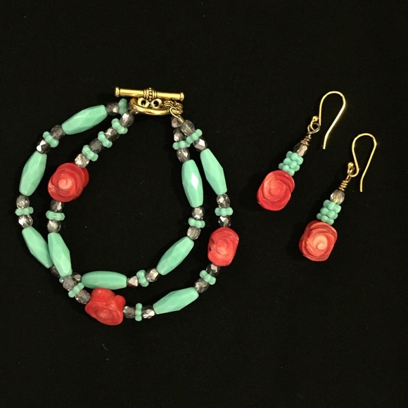 Turquoise, Red Rose Coral Bead Earrings Only