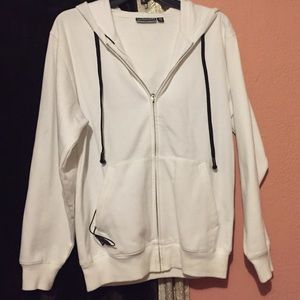 White zip up sweater with headphones