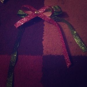 Handmade hair bow pink green rhinestone