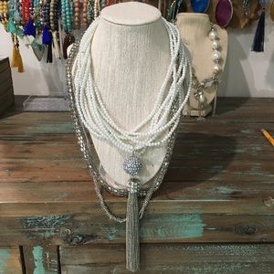 Chunky layered pearl and silver statement necklace