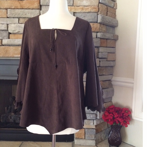 Tops - Faux Brown Suede Peasant Shirt