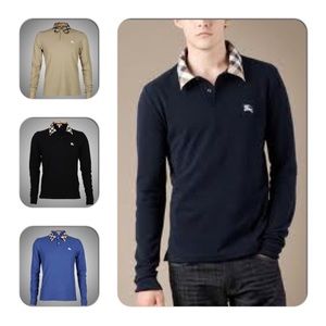 Men's BURBERRY COLLAR POLO LONG SLEEVE BLACK