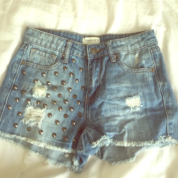 Studded high-waisted denim shorts